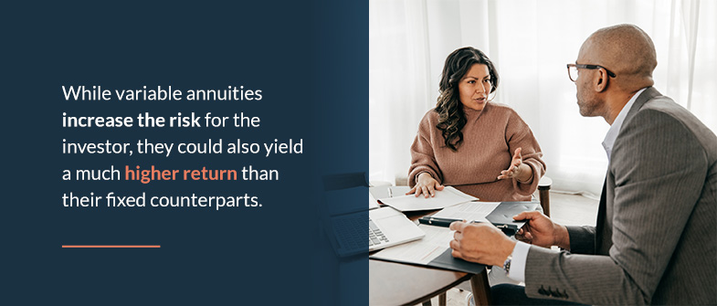 A man and woman discussing annuities at a table